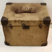 Vintage canvas trunk, with initials E C P, with leather corners, makers label Buxibrie 52 cm wide,