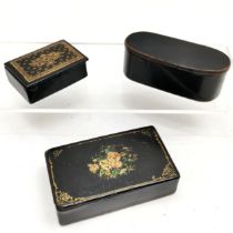 3 x Antique papier-mâché snuff boxes smallest measuring 4.5cm across with gilt decoration. Old