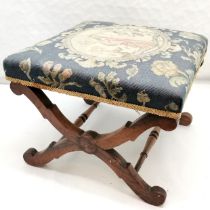 Antique Rosewood X framed tapestry covered footstool, 47 cm square, 35 cm high, some moulding