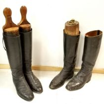 Pair of Vintage leather riding boots with wooden tree's t/w similar pair missing 1 tree. both worn