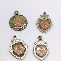 4 x 1950's silver cycling medallions / fobs with unmarked gold detail - total weight 38g