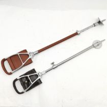 Vintage adjustable shooting stick with tan leather seat, t/w with another but black leather seat,