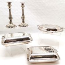 Pair of Antique silver plated candlesticks, with signs of wear, 27 cm high, t/w pair of silver
