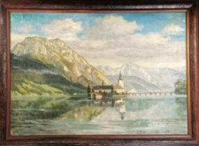 Fritz Modrow (1888-1986) oil painting on canvas of Schloss Ort (Austria) on the Traunsee lake with