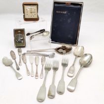 Collection of assorted silver plated cutlery, snuff bottle decorated with panda's etc.