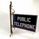 Original antique Public telephone enamel double sided sign on wrought iron bracket - 76cm long x