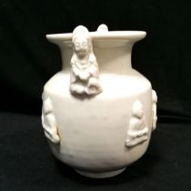 Oriental Chinese celadon glaze vessel / pot with figural detail & 6 raised character detail to