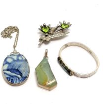 Mexican silver bangle with paua shell detail, silver pendant set with antique Chinese porcelain