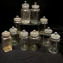 Collection of assorted glass sweet jars, varying sizes, largest 28 cm high, most having slight rim
