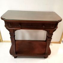 Antique mahogany single drawer console table with glass top, legs with carved and reeded decoration,