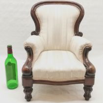 Reproduction mahogany upholstered spoon back miniature childs chair - 52cm high x 38cm across x 36cm