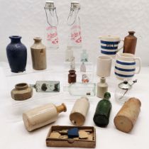 Qty of kitchenalia etc t/w advertising bottles, stoneware jars, antique box (a/f - 31cm x 24cm x