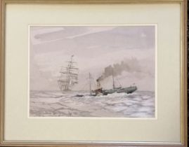 Sir Frank William Brangwyn (1867–1956) watercolour painting of a paddle steamer with tall masted