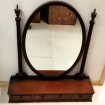 Antique mahogany framed oval dressing table mirror, base fitted with 3 short drawers with turned