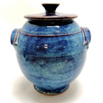 Michael Block studio art pottery blue glazed lidded pot with 2 tag handles - 26cm high & no