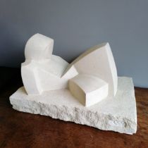 Chris Webb signed abstract Portland stone cubist sculpture of a reclining figure - @ 50cm x 28cm x