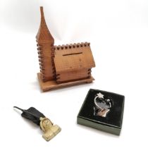 Novelty musical wooden church moneybox (19cm high & works at time of listing), Barrett & Sons lead