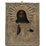 Antique icon with original oil painting depicting Christ with metal mounts 22.5cm x 18cm - traces of
