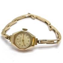 Art Deco style 9ct gold cased ladies Buren Grand Prix manual wind wristwatch on 9ct marked gold