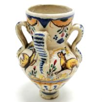 Maiolica pot with 4 tag handles & animal detail - 13cm high and has slight hairline but no obvious