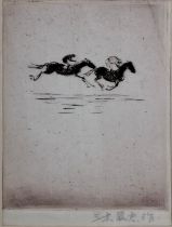 Tatsuo Miki (b.1904) signed etching of 2 racehorses with jockeys - mount 46cm x 40.5cm ~ the etching
