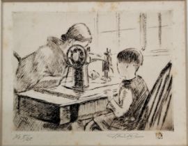 Tatsuo Miki (b.1904) hand signed etching of a child watching a lady using a sewing machine - mount