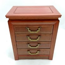 Oriental hardwood 4 drawer table jewellery box / cabinet with panelled sides & rear and silk