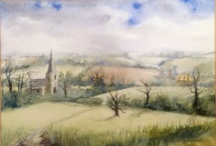 Dermot Power 1988 watercolour of a church in a country landscape - frame 52.5cm x 64cm