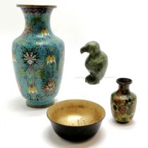 Chinese cloisonne vase (26cm) with light blue ground and floral pattern t/w green ground smaller