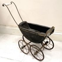 Victorian Child's dolls pram, 1 rubber tyre missing, ceramic handle broken, play worn condition,