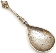 830 silver marked hand engraved spoon with cast handle with acanthus leaf / face mask detail - 13.