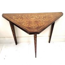 Antique Dutch marquetry fold over card table, decorated with all over inlay of birds, flora and