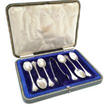 Cased set of 1915 6 trefid teaspoons & tongs by Cooper Brothers & Sons Ltd - 84g