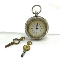 Antique silver cased fob watch with engraved detail (36mm case) - with 2 keys & runs BUT WE CANNOT