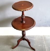 Georgian style mahogany 2 tier occasional table, on turned & reeded column on tripod base, good used