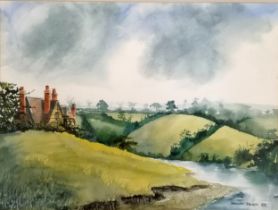 Dermot Power 1988 watercolour of a house / river in a country landscape - frame 52.5cm x 64cm