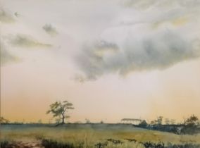 Dermot Power 1988 watercolour of a countryside landscape with rolling clouds - frame 52.5cm x 64cm
