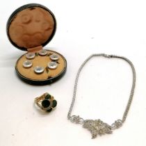 Cased set of gilt metal dress studs with mother of pearl detail t/w silver necklace by Otis &