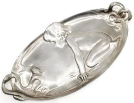 Antique WMF pewter oval tray with kneeling child and snail detail 27cm. Signs of being polished/