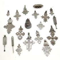 Collection of Ethiopian / African unmarked silver crosses, ear pick pendants, amulet etc - longest