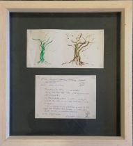 David John Nash OBE RA (b.1945) framed 1979 letter with drawing of 2 trees - frame 48.5cm x 44.5cm x