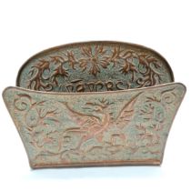 Antique copper Scottish Arts & Crafts newspapers wall holder decorated with a wyvern - 35cm across x