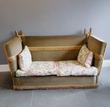 Knowle 2 seater settee with drop ends, upholstered in a green plush, with Jane Churchill floral