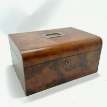 Antique walnut veneered workbox with flush handle to lid - 30cm x 22.5cm x 15cm high- interior A/F