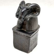 Composite Amun-Ra rams head Egyptian figure, Measures 16cm high. Hieroglyphics on the face &