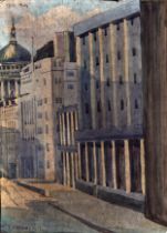 L S Lowry 1959 watercolour painting of London buildings inc St Pauls cathedral in distance - 38cm