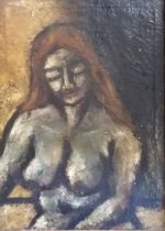 Unsigned oil on canvas painting of a nude female dated 1970 with signature on reverse & John