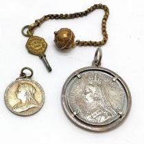 1889 QV crown coin in 917 silver pendant mount, 1897 QV diamond anniversary medallion, gilt metal