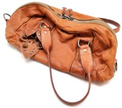 Miu Miu tan leather handbag with flower detail / corsage to front - 40cm x 20cm ~ has hole in