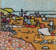 Albert Duplock (no signature showing) original mixed media painting of a beach scene - frame 45.